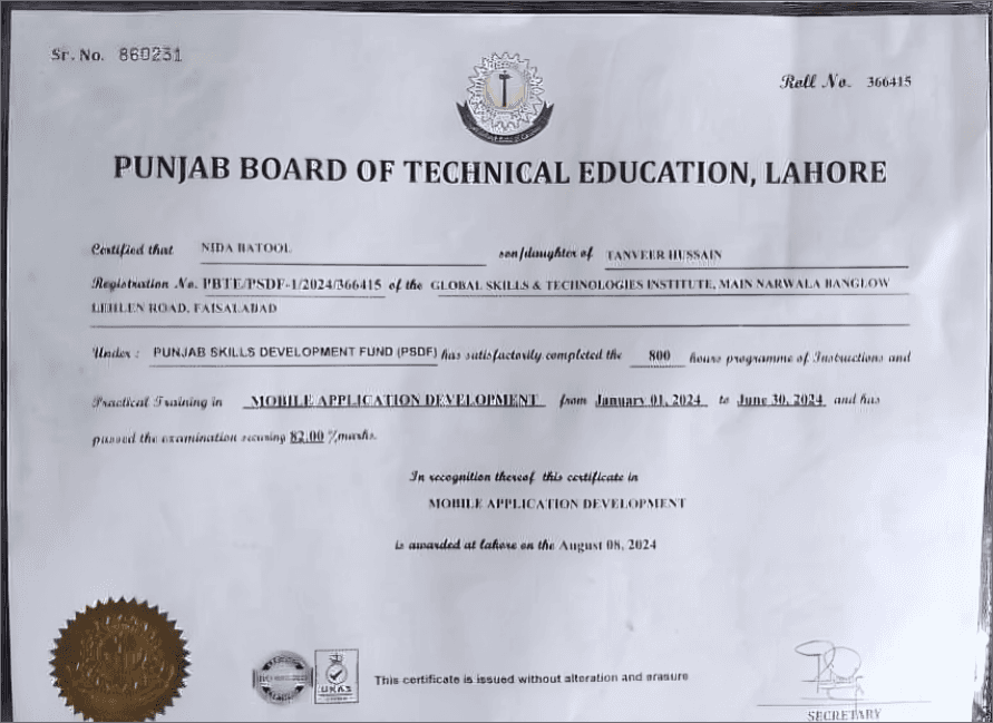 Certificate for Mobile Application Development